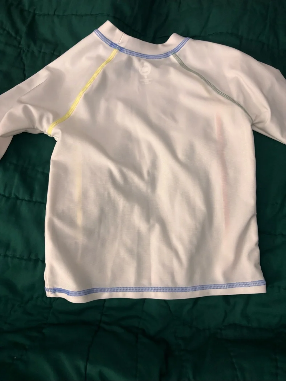 White Rash Guard with Multicolor Stitching & Yellow Bikini Bottoms
